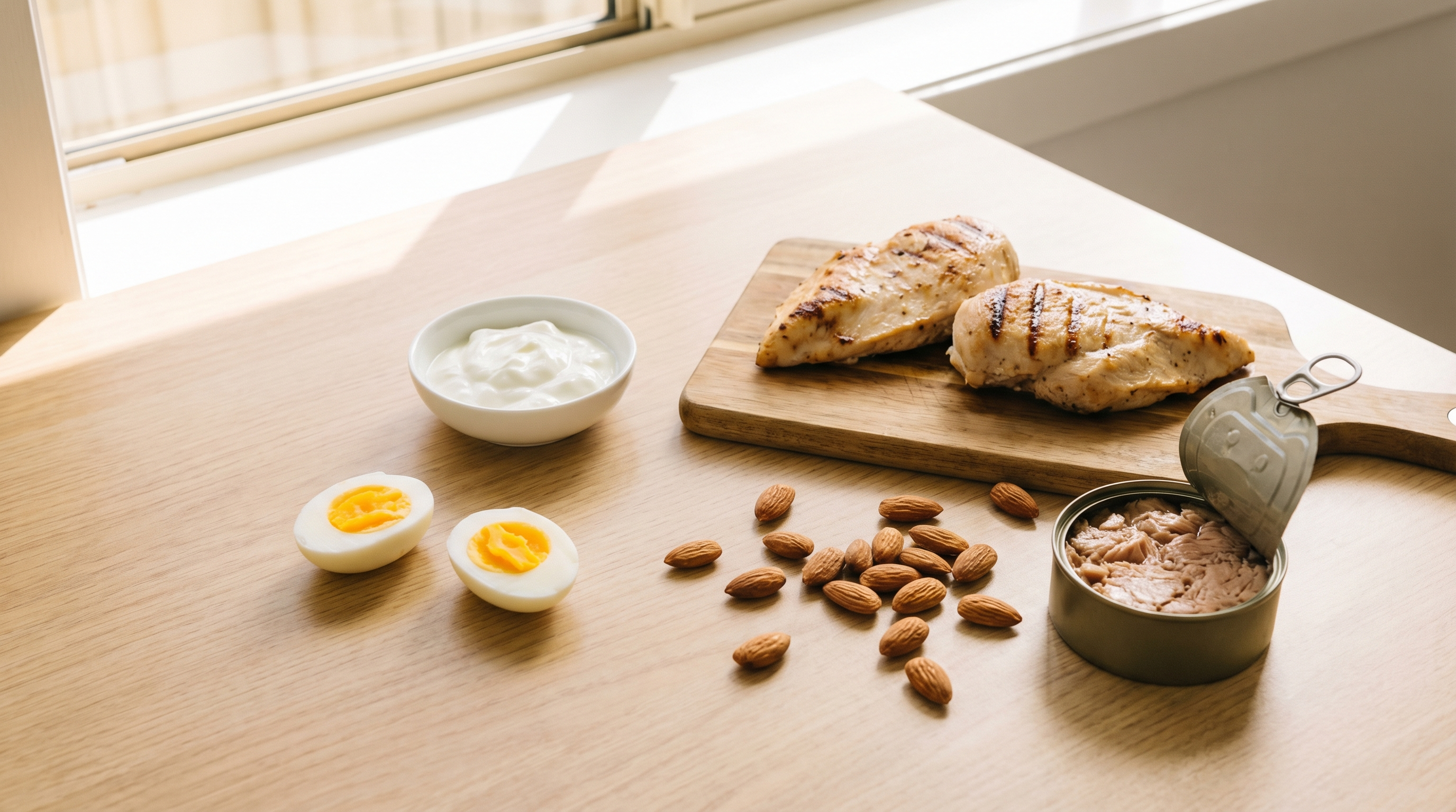 Kitchen bench with protein-rich foods including eggs, Greek yoghurt, chicken, almonds, and a tuna in natural morning light