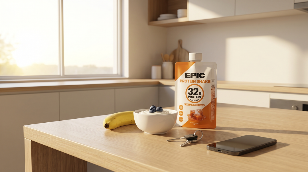 Morning kitchen bench with a protein shake pouch, Greek yoghurt with berries, banana, car keys, and phone in natural morning light
