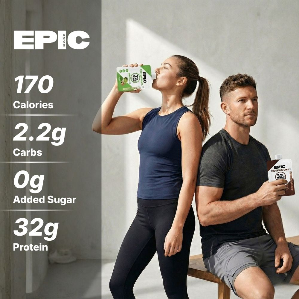 Two people holding EPIC protein products with high protein nutritional information displayed.
