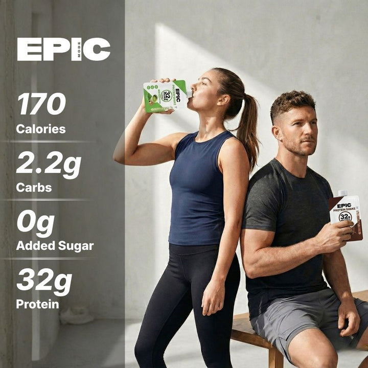 Two people holding EPIC protein products with high protein nutritional information displayed.